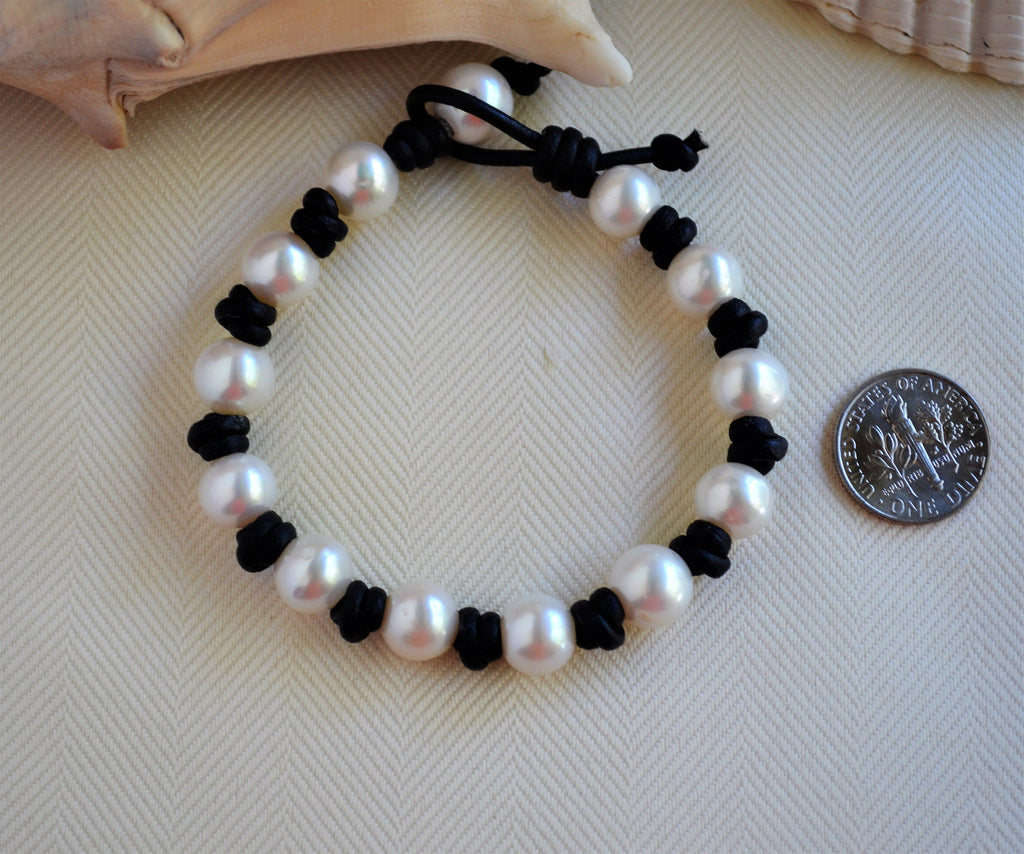 Knotted Leather Bracelet: White Freshwater Pearls, Elegant Jewelry