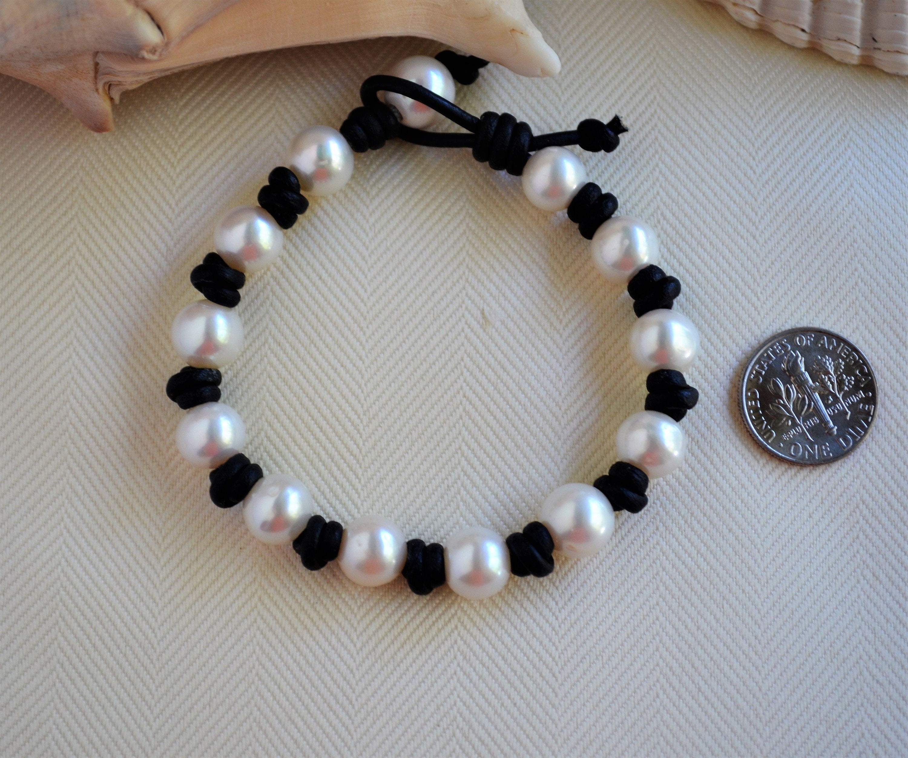 Knotted Leather Bracelet: White Freshwater Pearls, Elegant Jewelry
