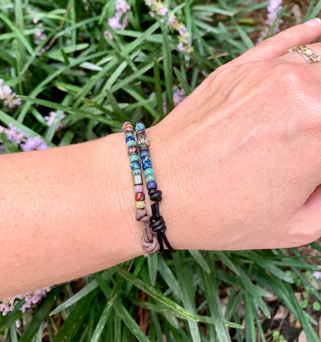 Unisex Picasso Czech Beaded Bracelet, Knotted Leather Bracelet for Him Her