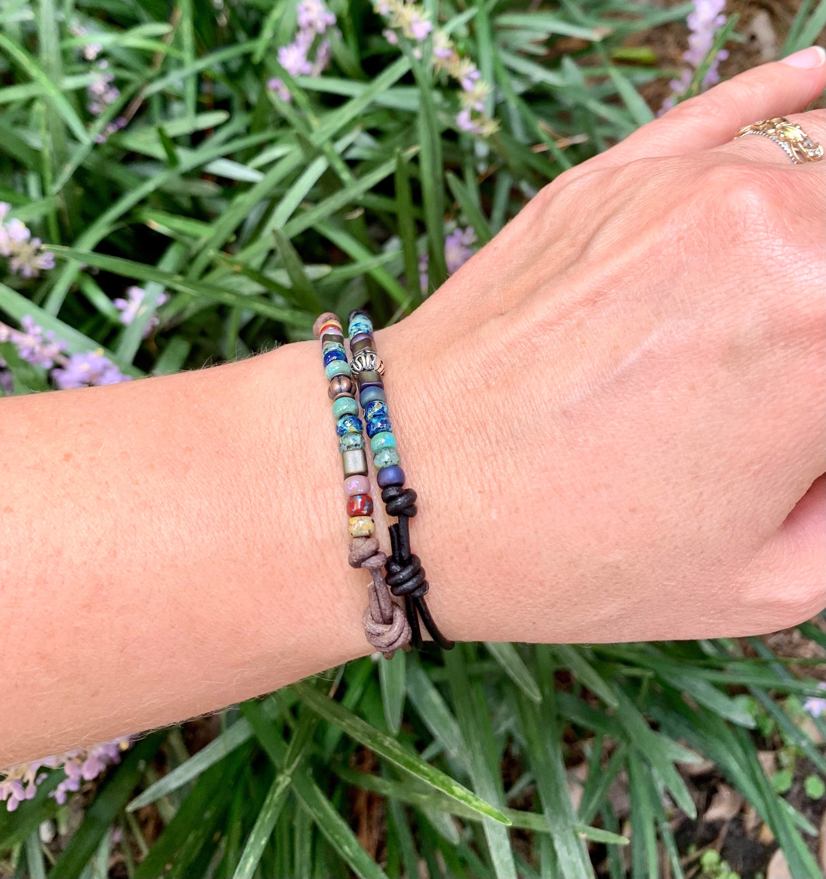 Unisex Picasso Czech Beaded Bracelet, Knotted Leather Bracelet for Him Her