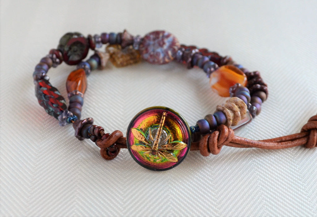 Boho Beaded Double Strand Bracelet: Czech Glass & Dragonfly Button