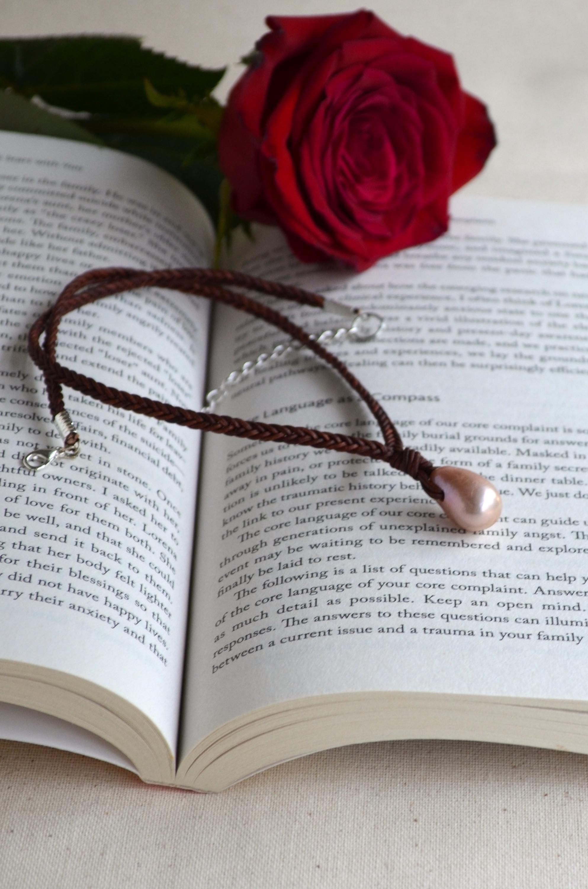 Large Edison Pearl Leather Necklace, Hand Braided Brown Leather Choker, Statement Piece