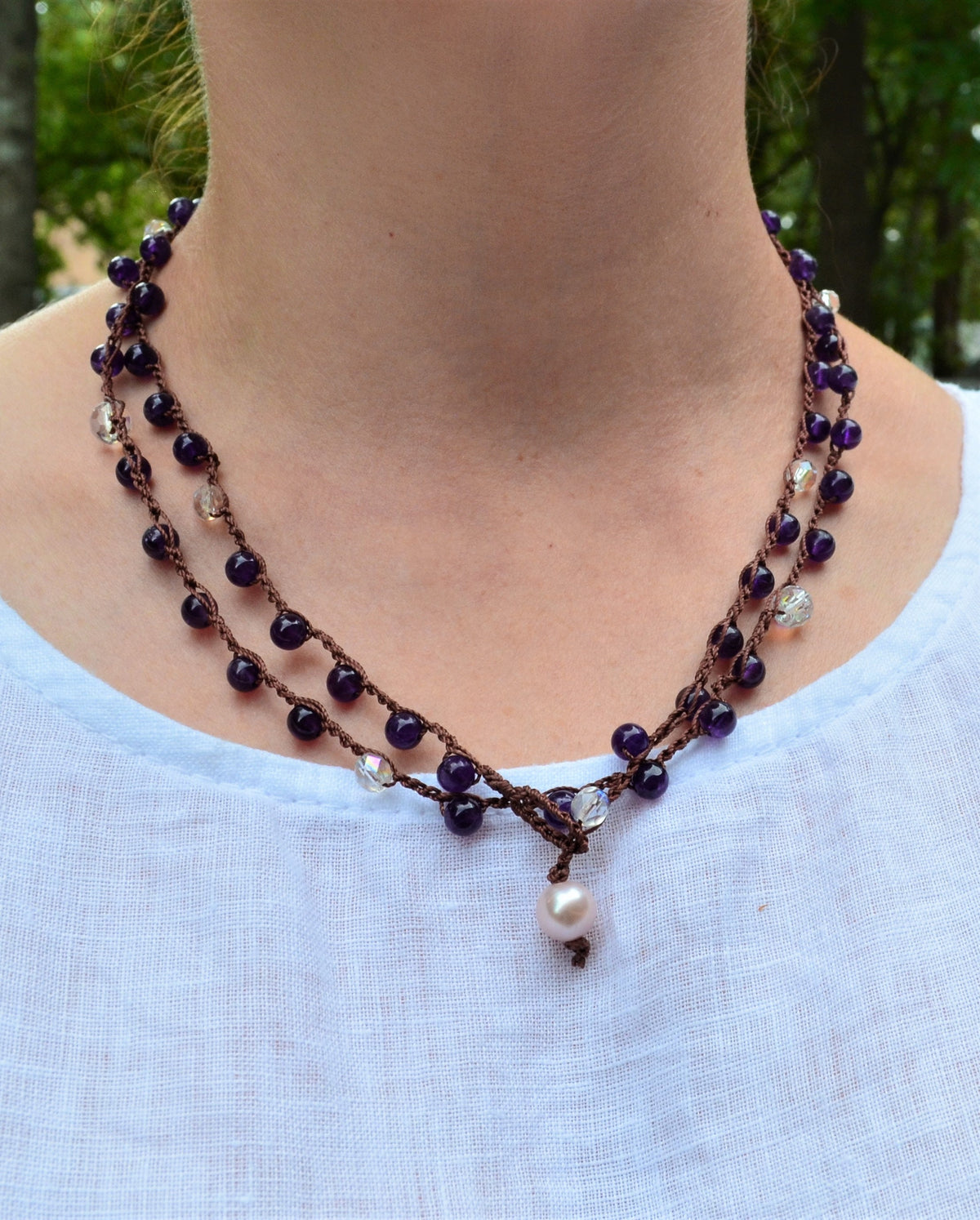 Long Amethyst Crochet Lariat Necklace: Layered Gemstone Jewelry