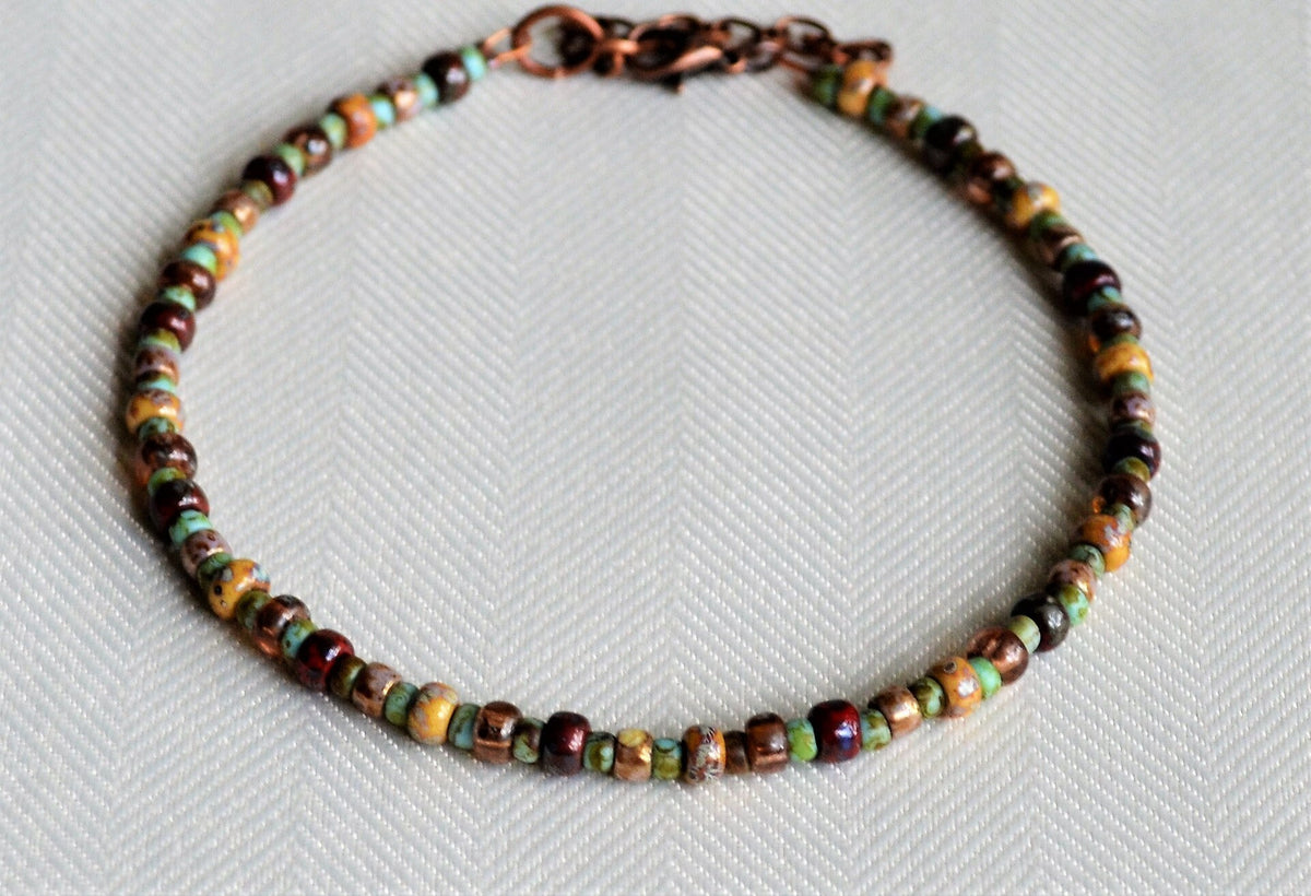 Picasso Czech Glass Beaded Anklet: Rustic Multicolor Boho Ankle Bracelet