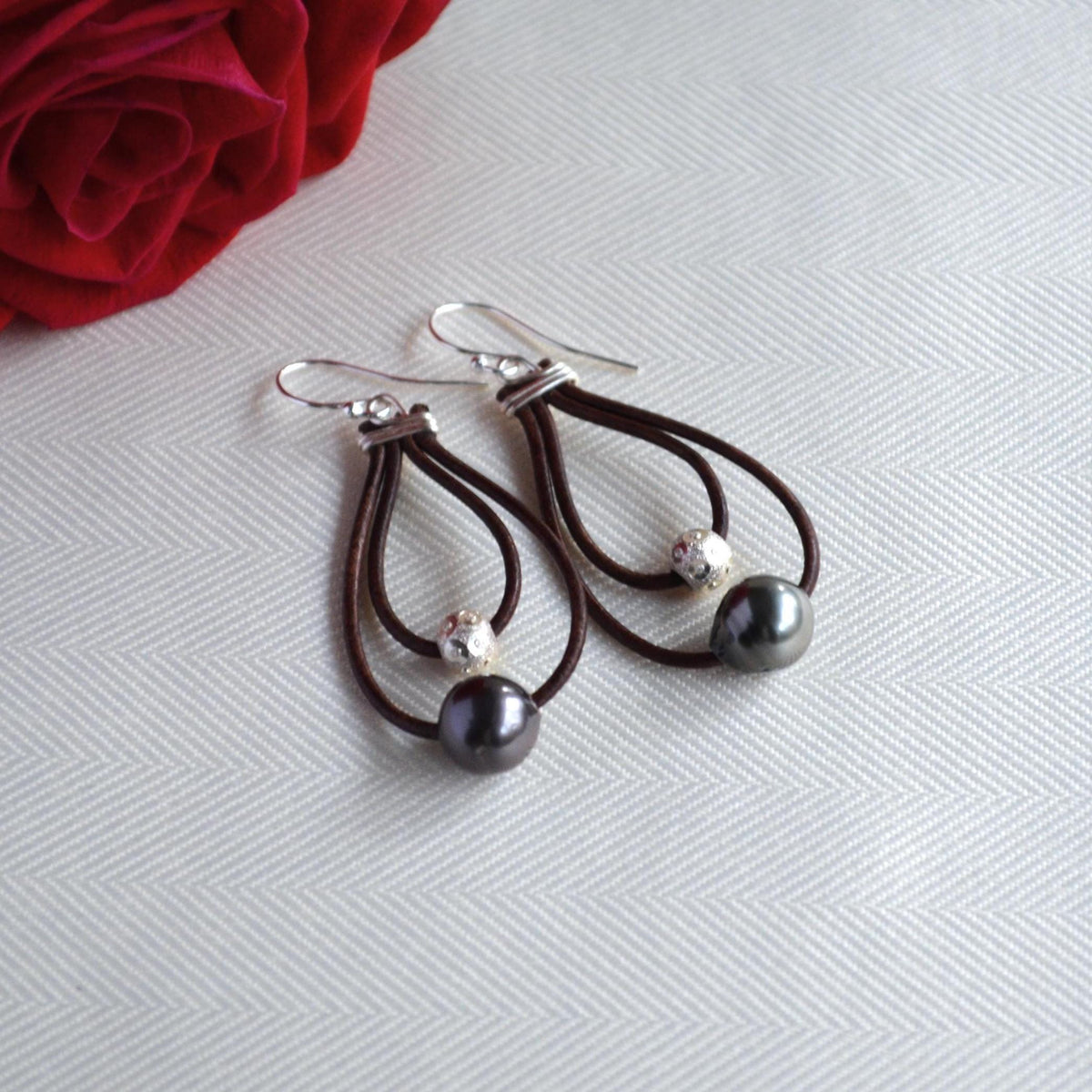 Tahitian Pearl Leather Hoop Earrings: Sterling Silver, Elegant Dangle Jewelry