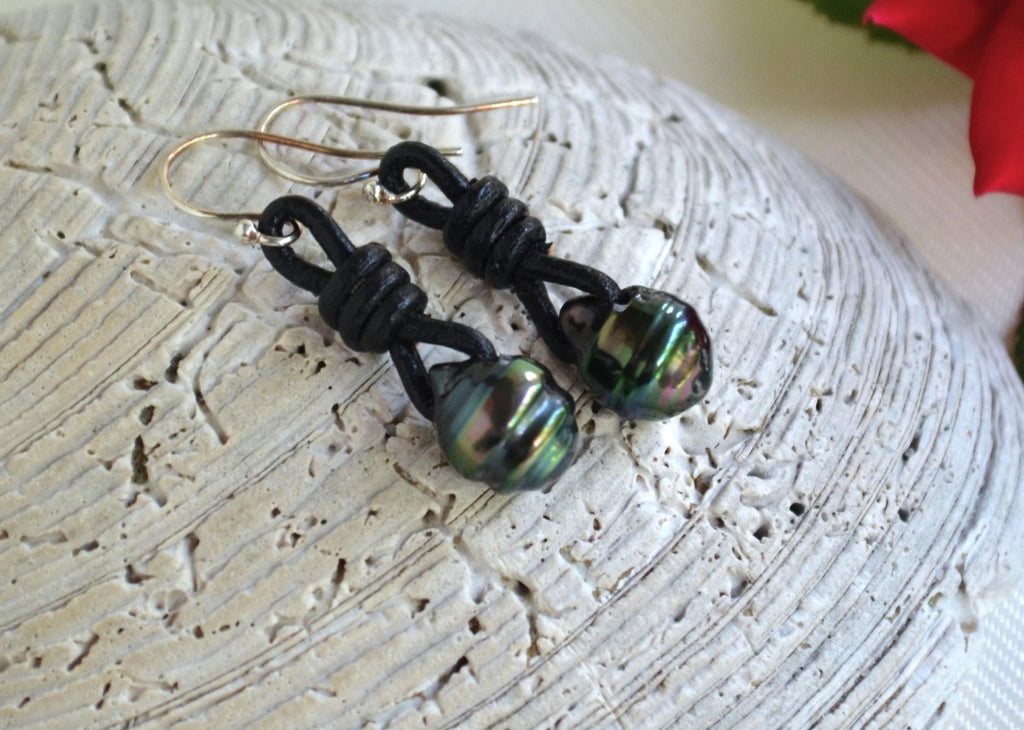 Tahitian Pearl Earrings, Sterling Silver, Black Leather Boho Jewelry
