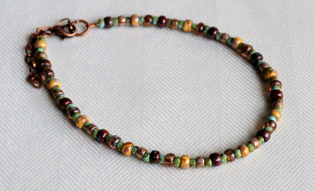 Picasso Czech Glass Beaded Anklet: Rustic Multicolor Boho Ankle Bracelet