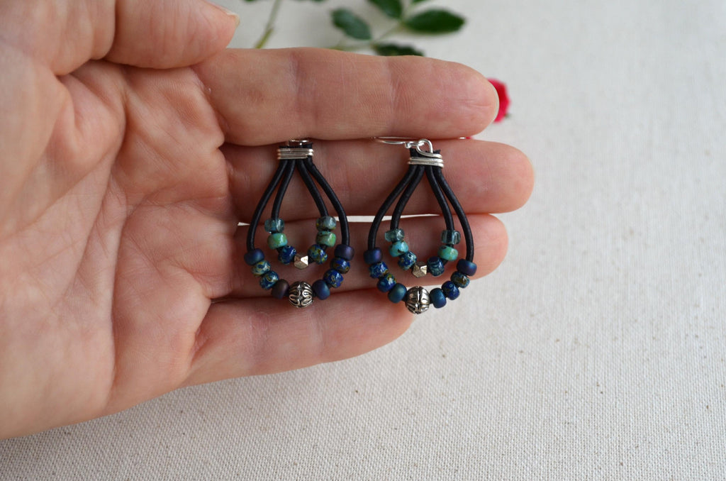 Blue Green Picasso Czech Bead Earrings, Sterling Silver, Leather Cord