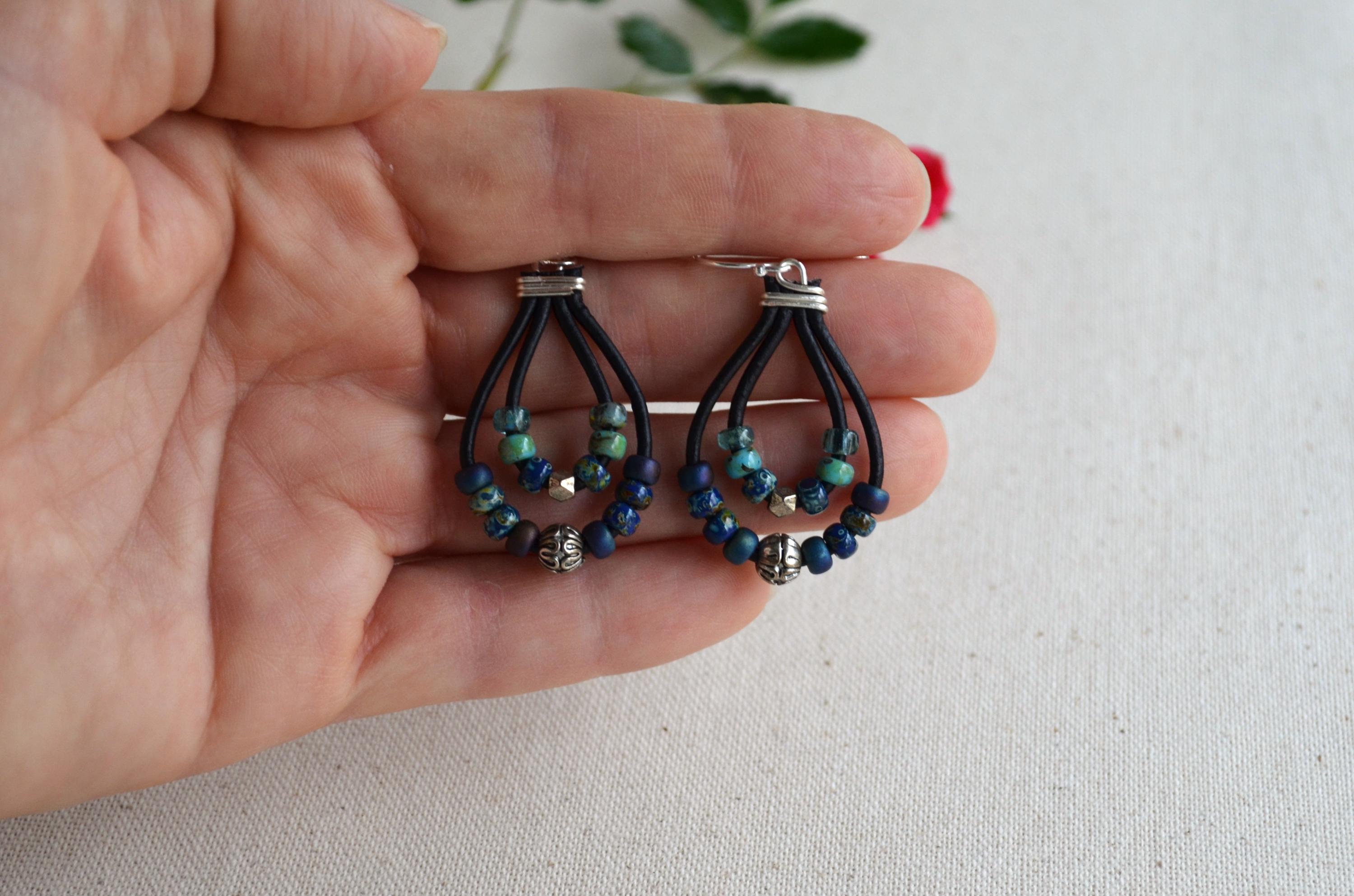 Blue Green Picasso Czech Bead Earrings, Sterling Silver, Leather Cord