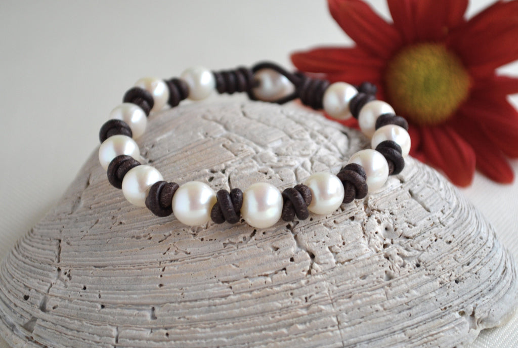 Knotted Leather Bracelet: White Freshwater Pearls, Elegant Jewelry