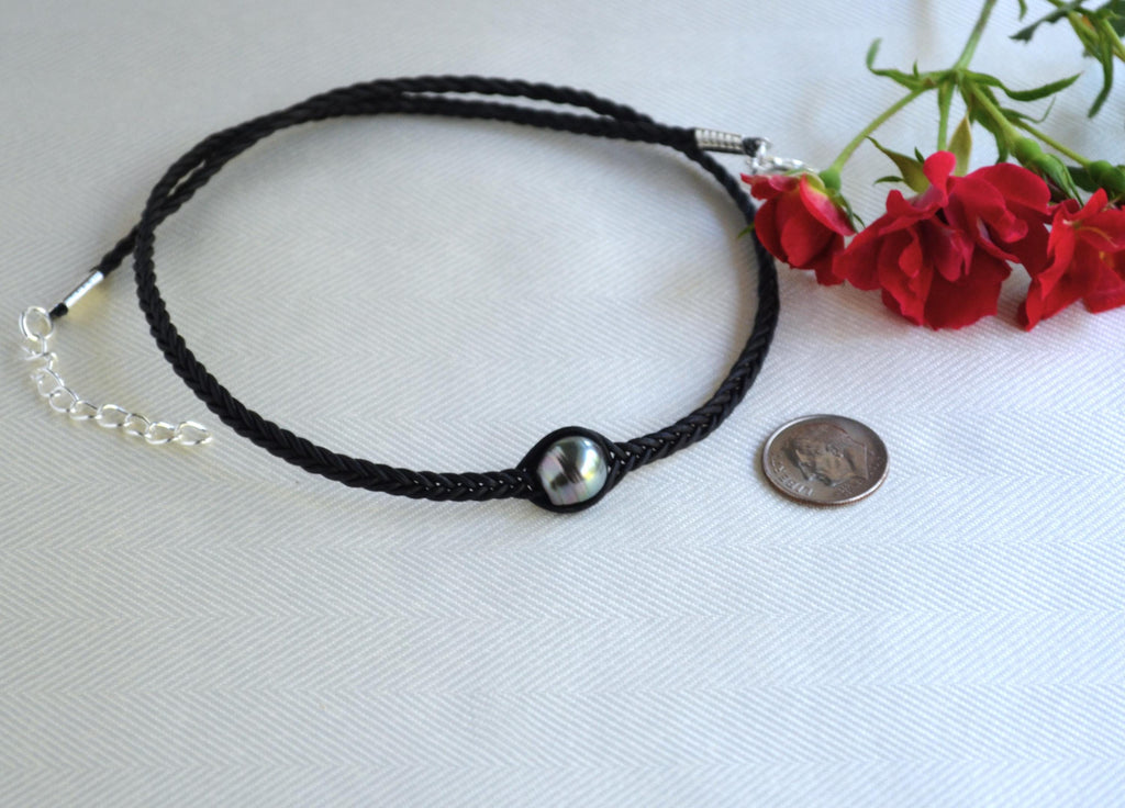 Tahitian Pearl Necklace: Braided Leather Choker, Elegant Unisex Jewelry