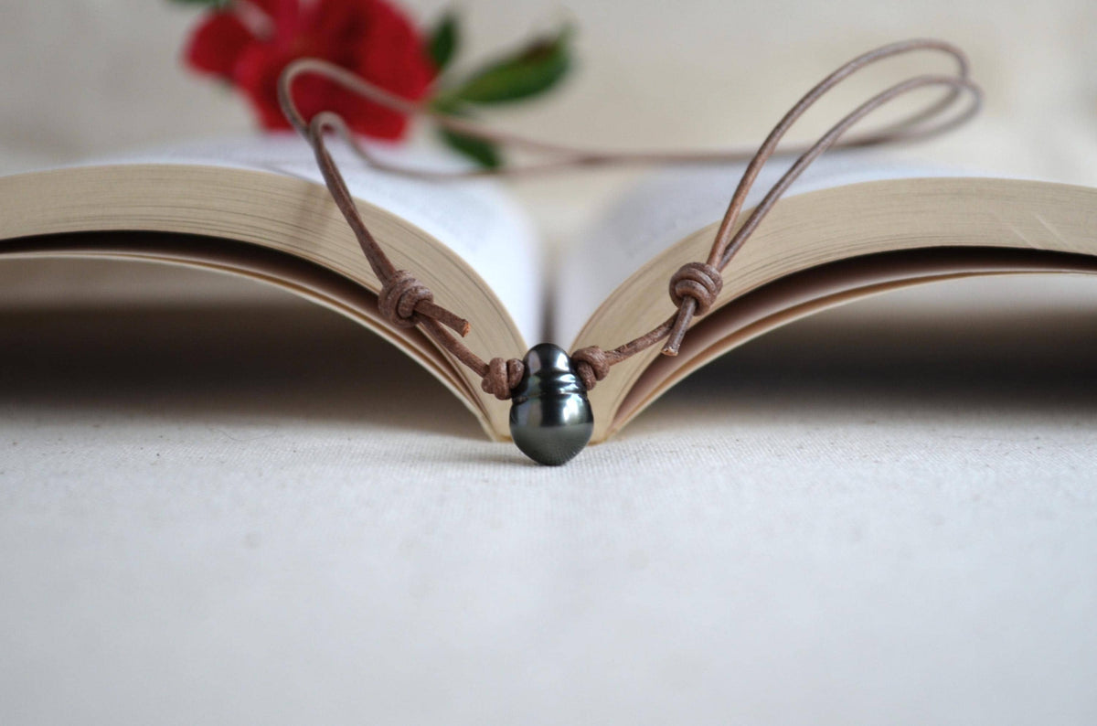 Tahitian Drop Pearl Necklace: Brown Grey Leather Adjustable Necklace