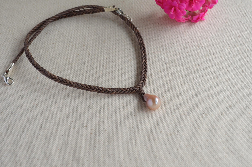 Edison Pearl Leather Necklace: Pink Mauve Baroque Pendant, Hand Braided Cord