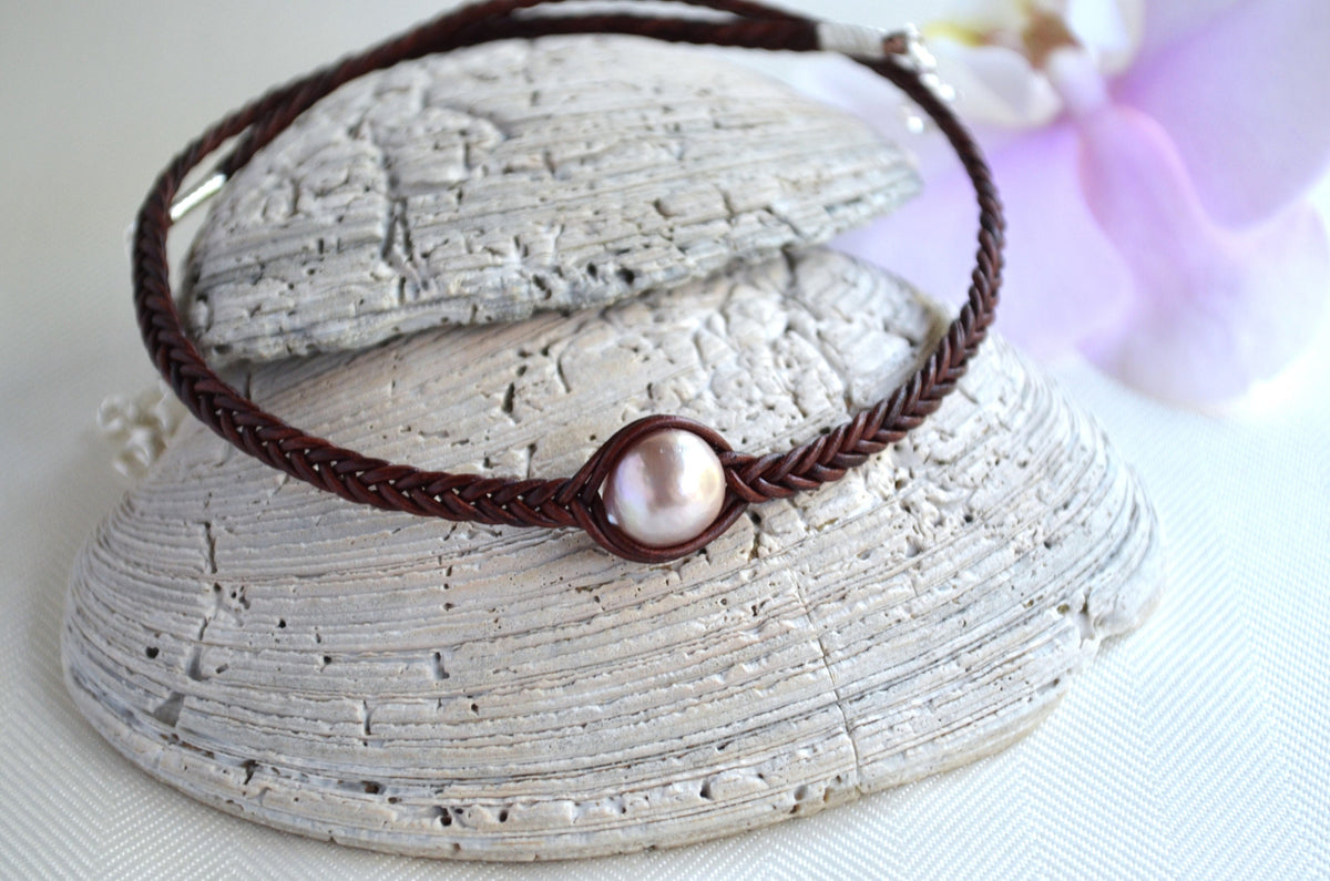 Edison Pearl Choker: Braided Leather Necklace, Light Mauve Pearl