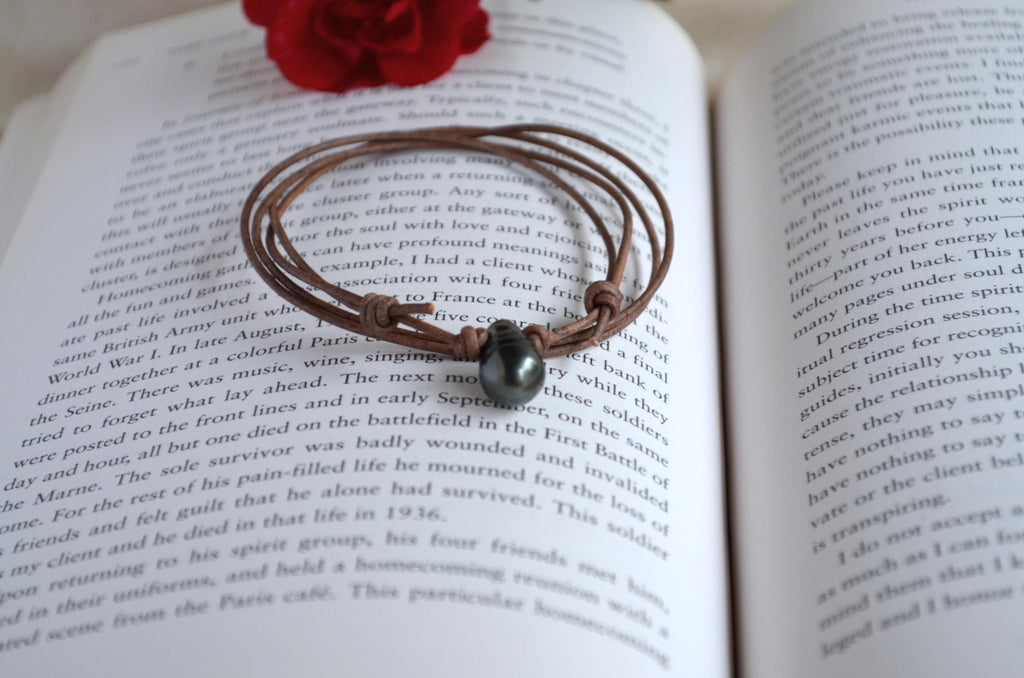 Tahitian Drop Pearl Necklace: Brown Grey Leather Adjustable Necklace