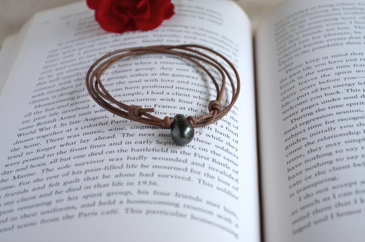 Tahitian Drop Pearl Necklace: Brown Grey Leather Adjustable Necklace