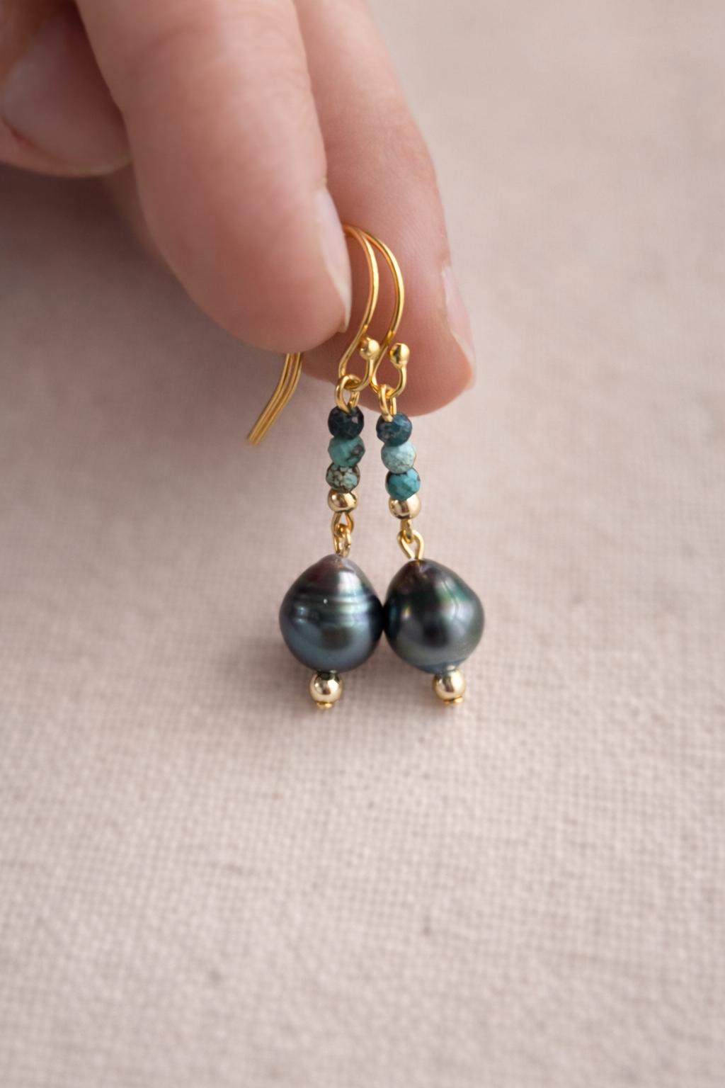 Tahitian Pearl Turquoise Dangle Earrings, Gold-Filled, Handmade Jewelry (1.5")