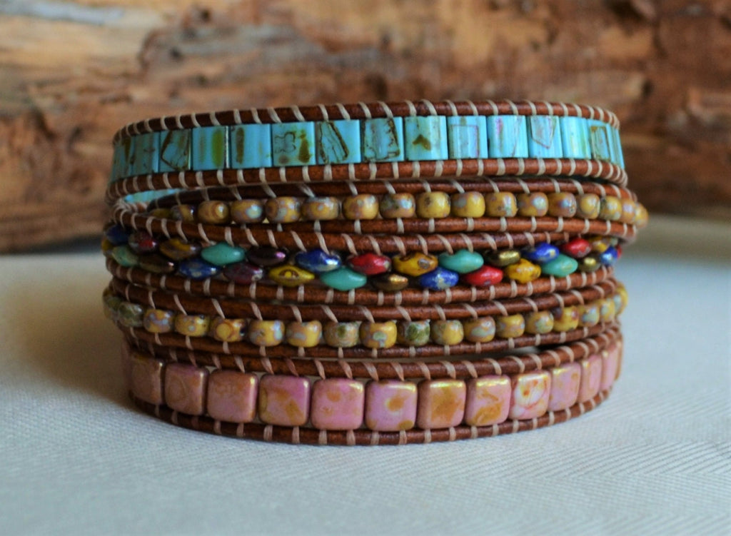 Hummingbird Leather Wrap Bracelet: Picasso Bead Boho Jewelry