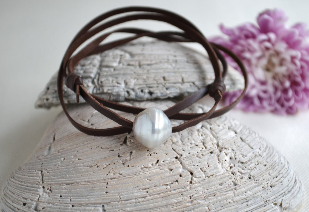 Rare White Tahitian Pearl Choker: Brown Leather Surf Jewelry UNISEX