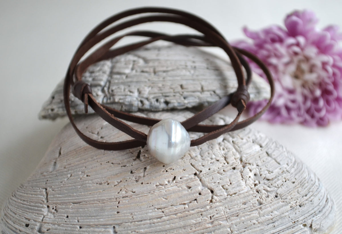 Rare White Tahitian Pearl Choker: Brown Leather Surf Jewelry UNISEX