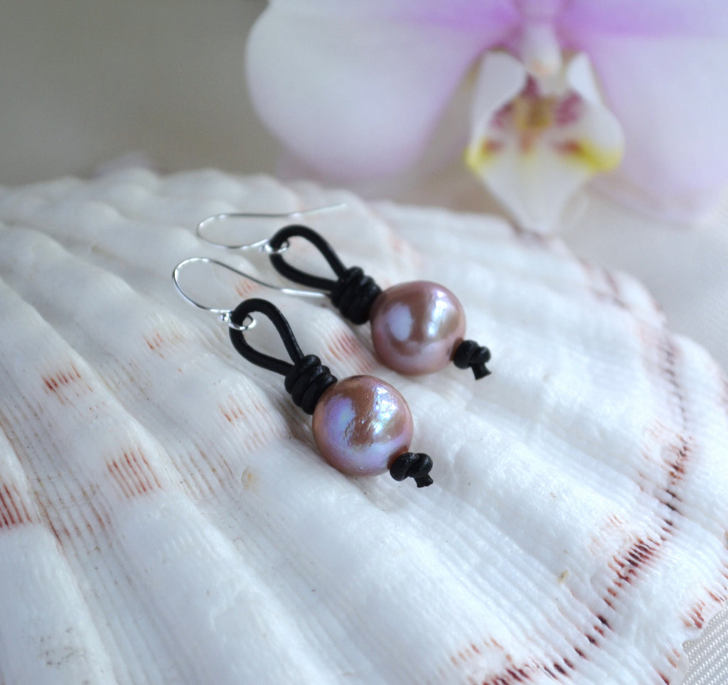Edison Pearl Drop Earrings: Pink Freshwater Pearls, Sterling Silver & Leather